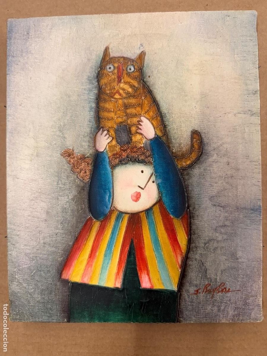 Vintage: Precioso cuadro Ni&ntilde;a con gato de Joyce Roybal. Curiosa textura. Mide 27x22cms