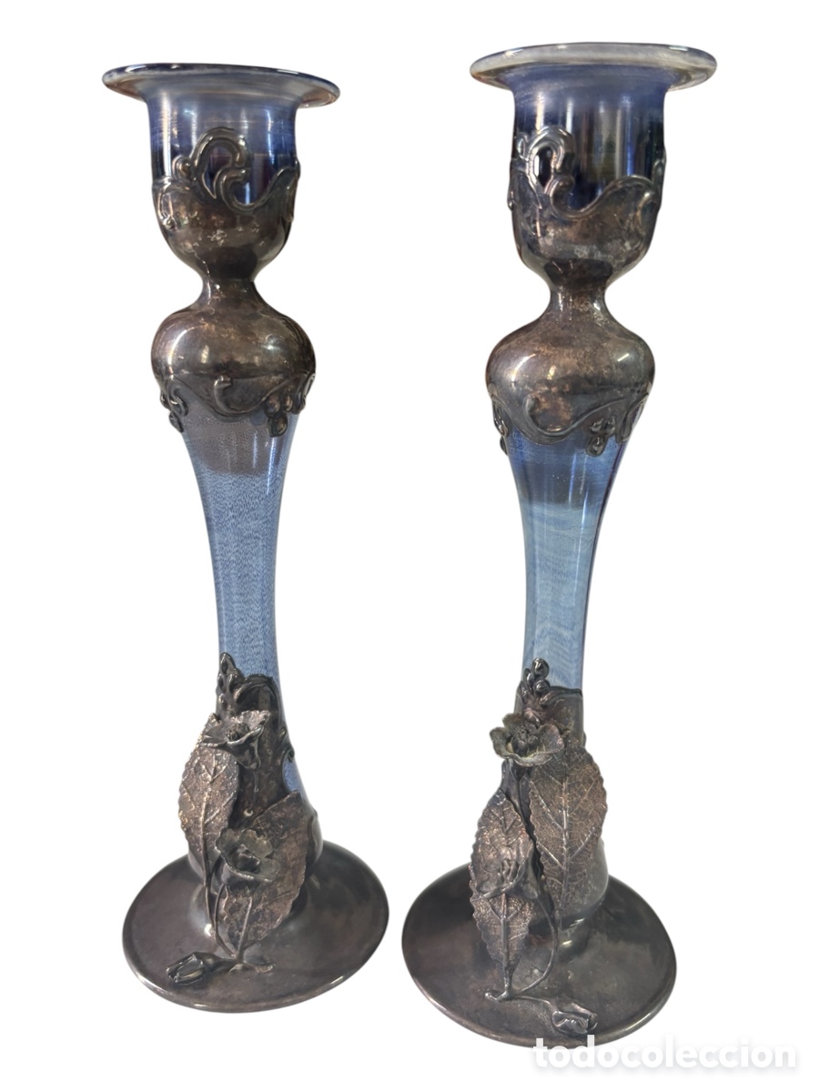 Vintage: Preciosa pareja, candelabros de Plata y Cristal