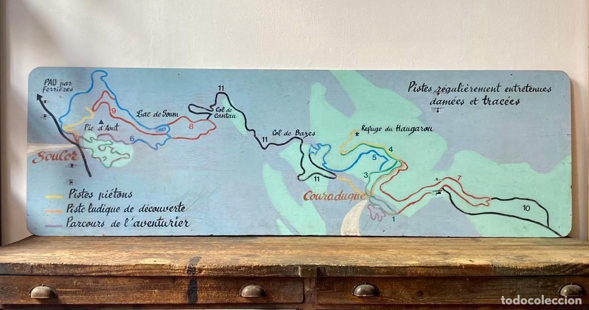 Vintage: Panel original de las pistas de esqu&iacute; de Val d'Azun, pintura sobre madera, grandes dimensiones.