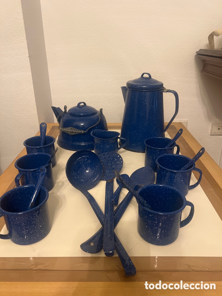 Vintage: Lote vajilla esmaltado moteado azul