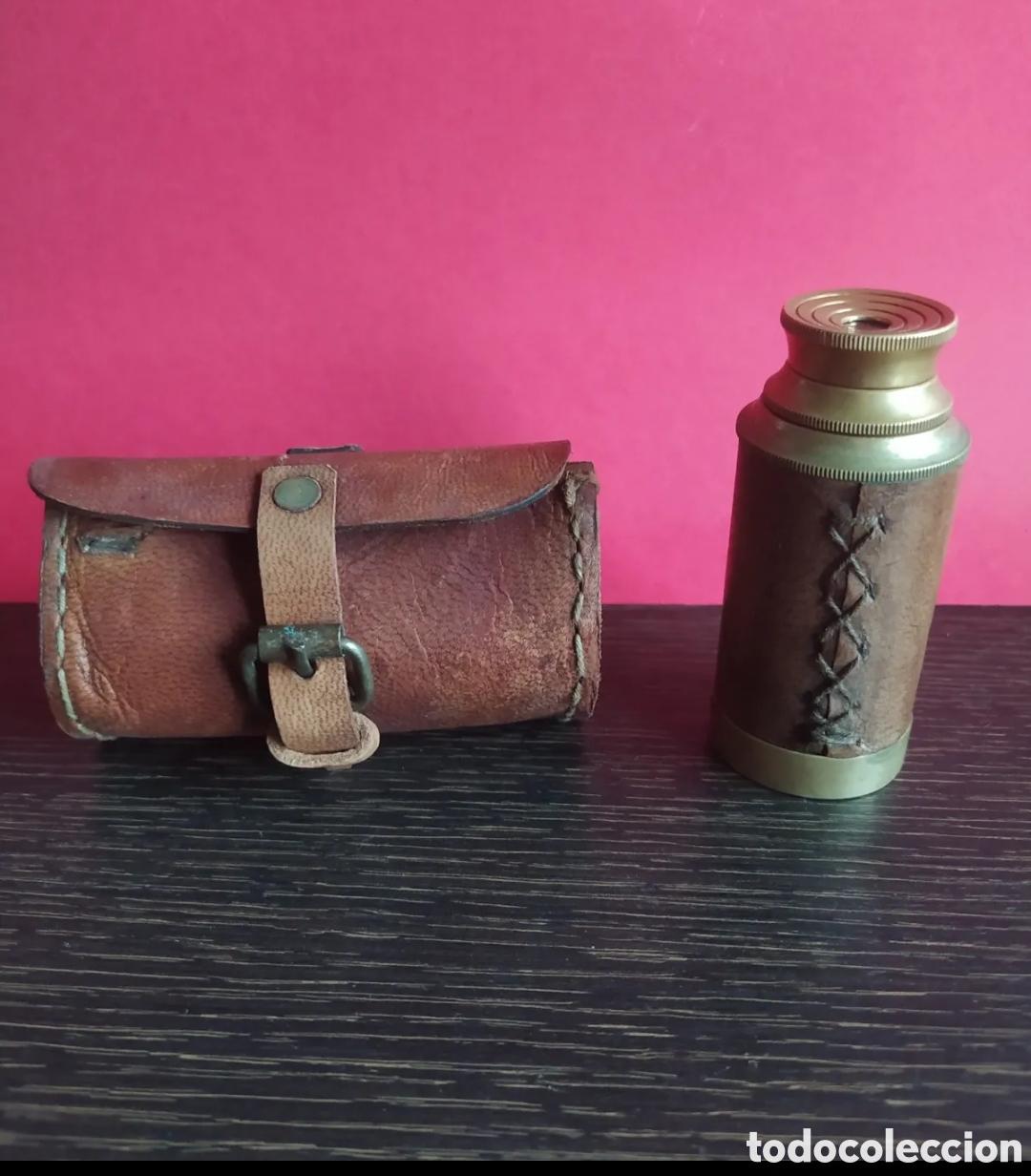 Vintage: Antiguo catalejo de lat&oacute;n y cuero ,funda de cuero