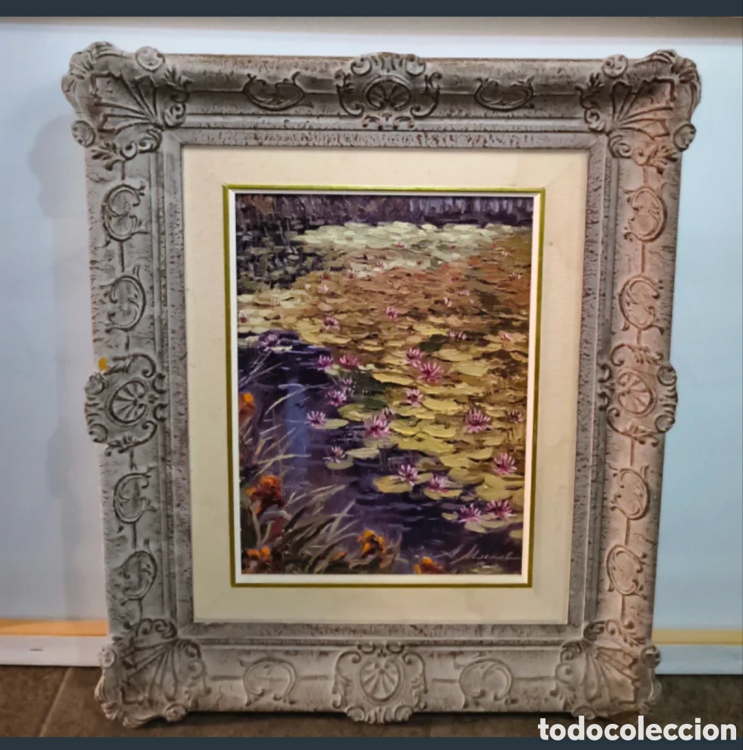 Vintage: Cuadro pintura al &oacute;leo nen&uacute;fares con marco decorado
