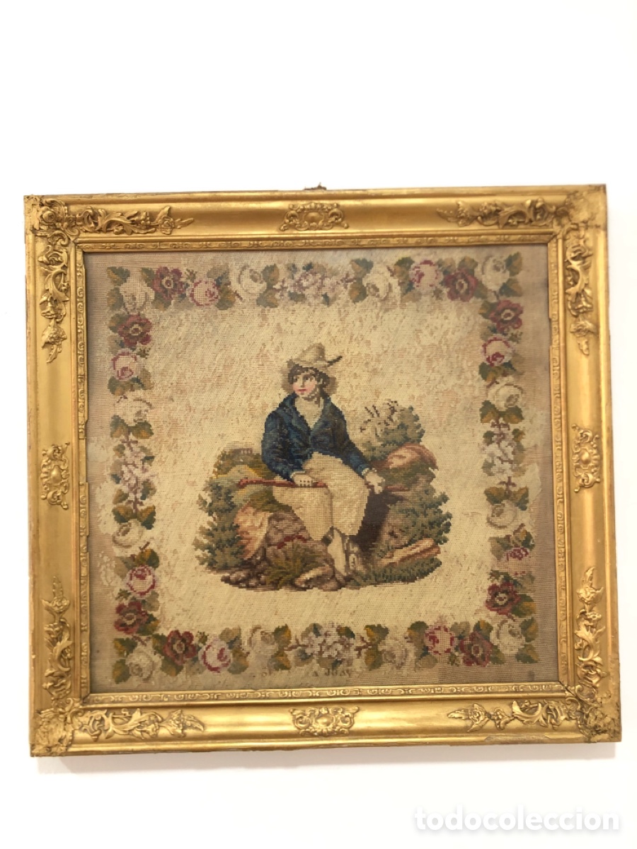 Vintage: Cuadro siglo XIX punto de cruz ni&ntilde;o