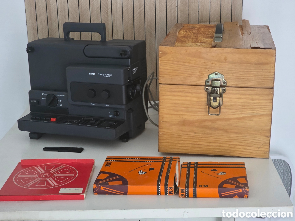 Vintage: Proyector Super 8 Bauer T502 Automatic Duoplay + caja de madera + 3 pel&iacute;culas