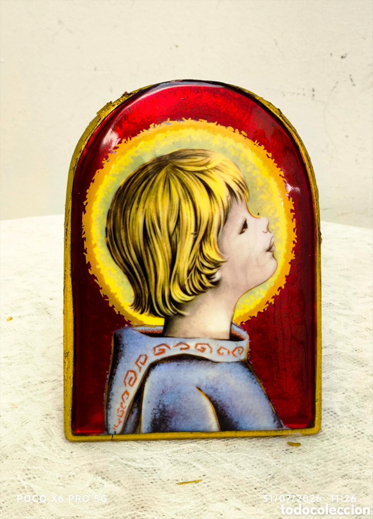 Vintage: Placa / Cuadro de Esmalte sobre Metal - Figura Infantil con Aureola (Estilo Mid-Century / Vintage)