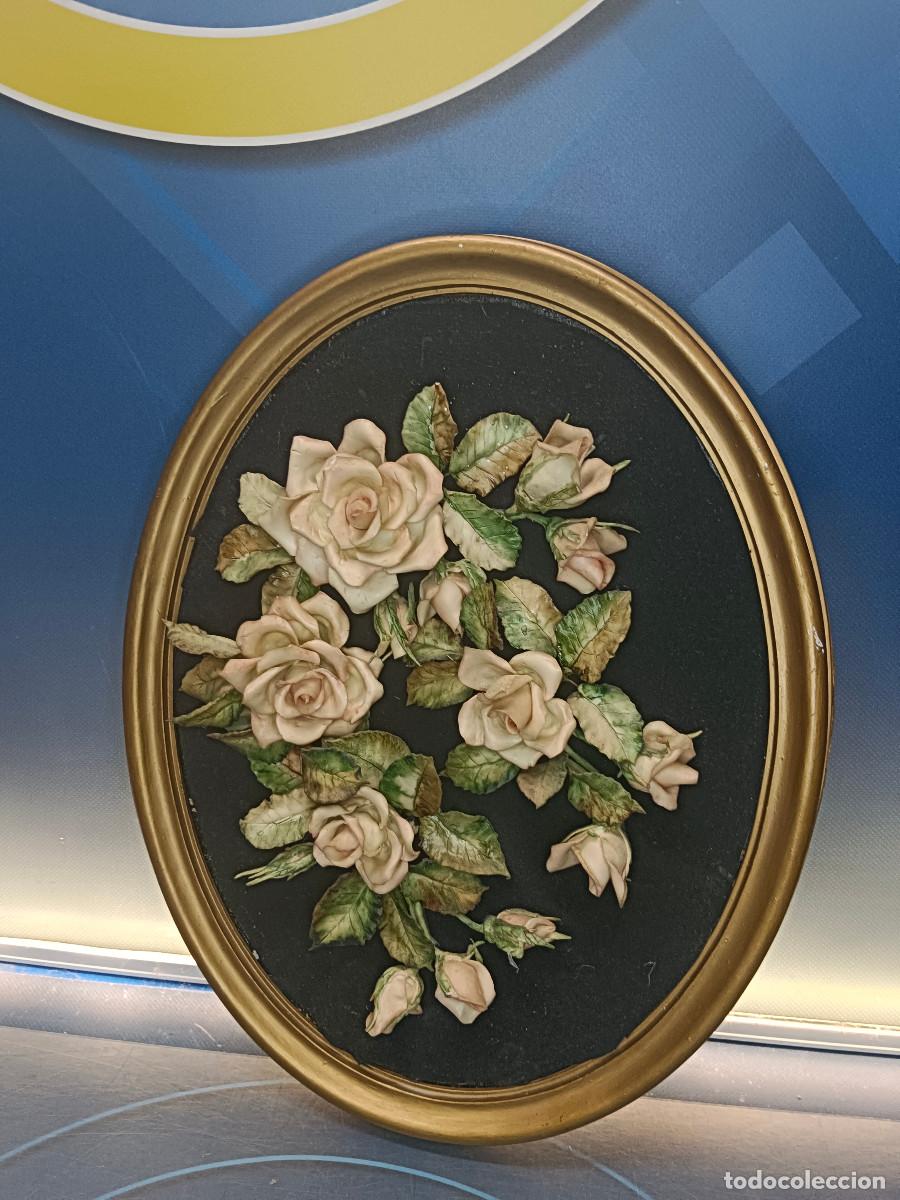 Vintage: Cuadro ovalado con flores de miga o flores artesanales 44x33 cm