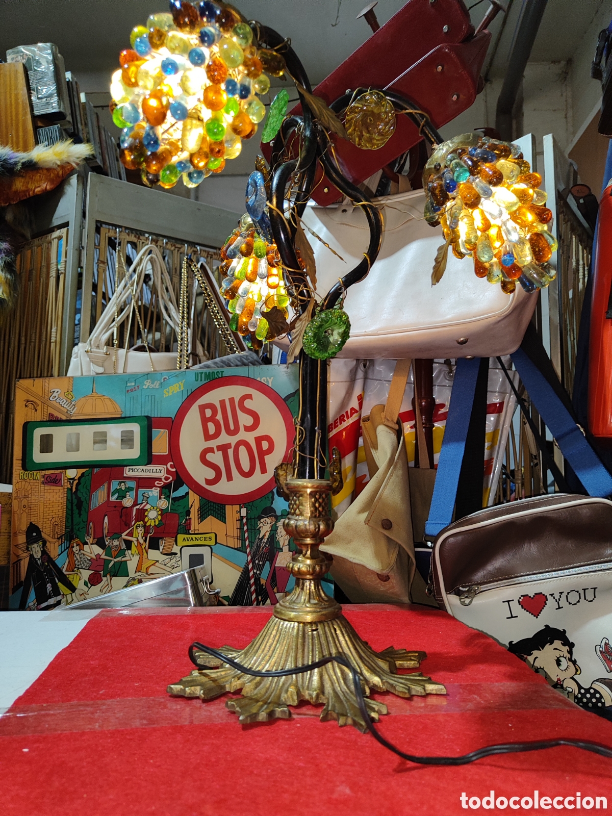 Vintage: Espectacular l&aacute;mpara con racimos de uva de cristal de Murano y bronce estilo Art nouveau funcionando