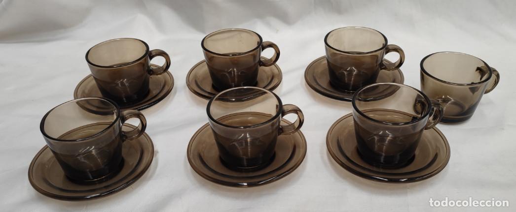 Vintage: ANTIGUO JUEGO DE CAFE DE CRISTAL AHUMADO ,VERECO FRANCE 20, 7 TAZAS Y 6 PLATOS