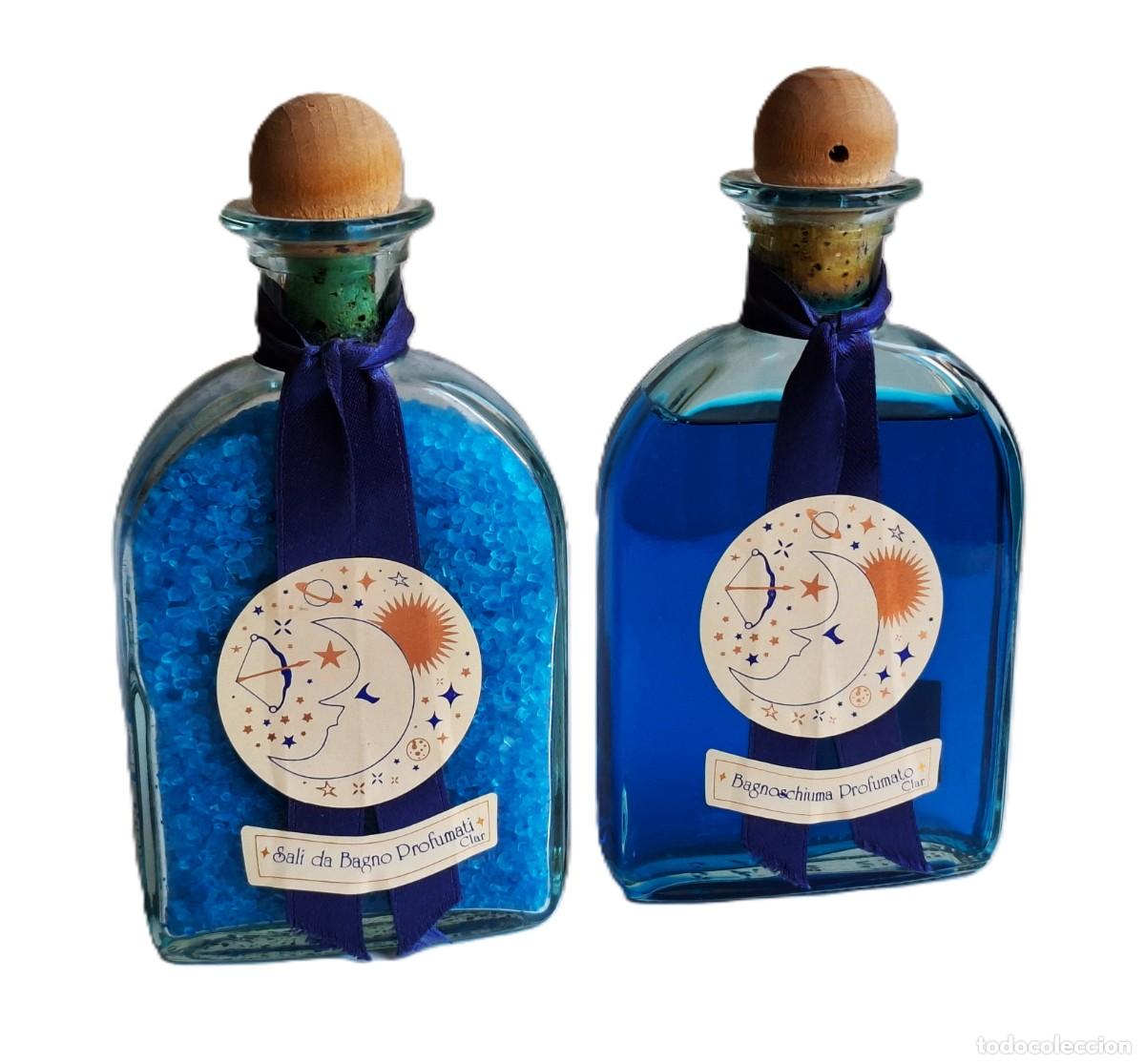 Vintage: SALES DE BA&Ntilde;O Y GEL DE BA&Ntilde;O PERFUMADO EN DOS BOTELLAS VINTAGE ENTERAS, NUEVAS SIN USAR - 18.CM ALTO