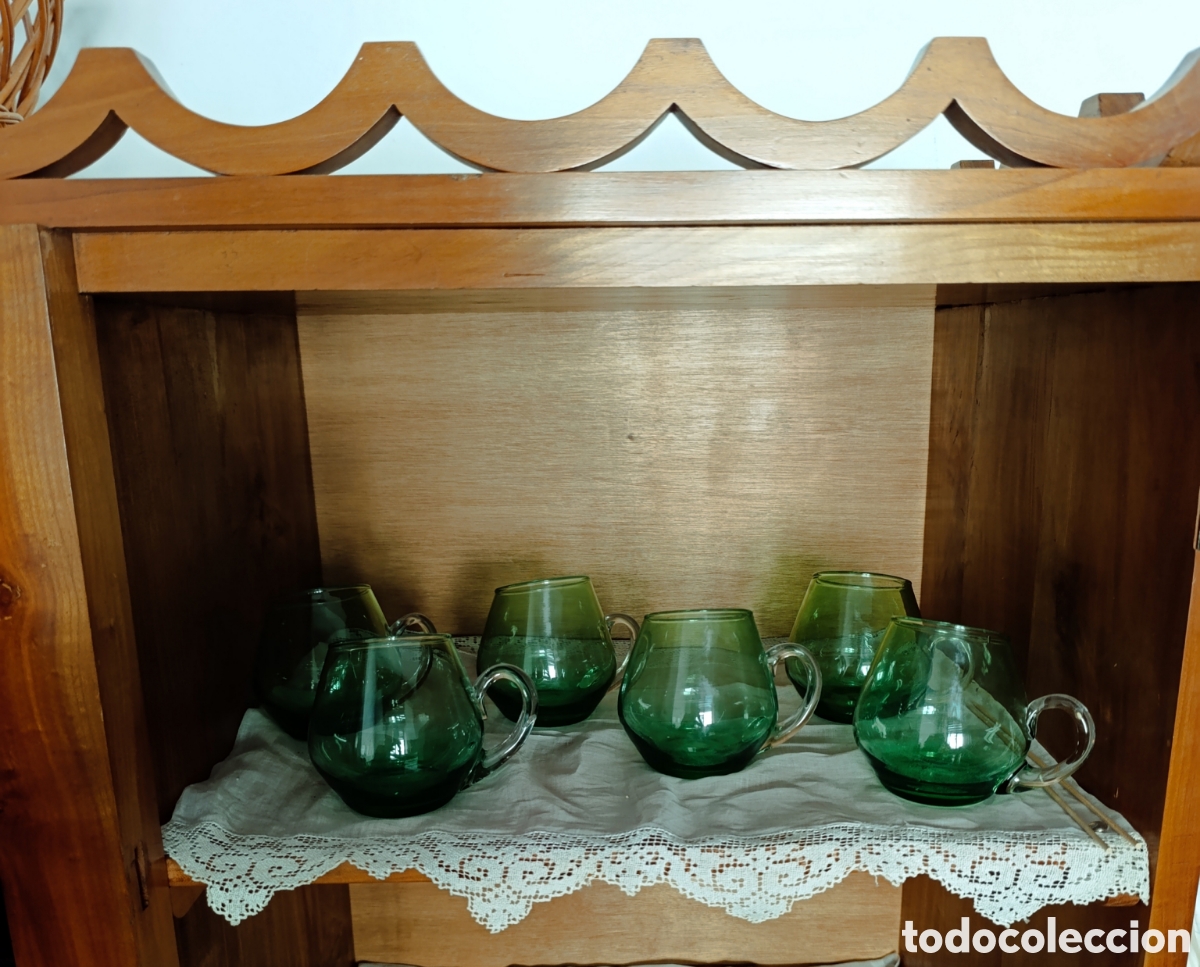 Vintage: Juego 6 copas cristal verde soplado