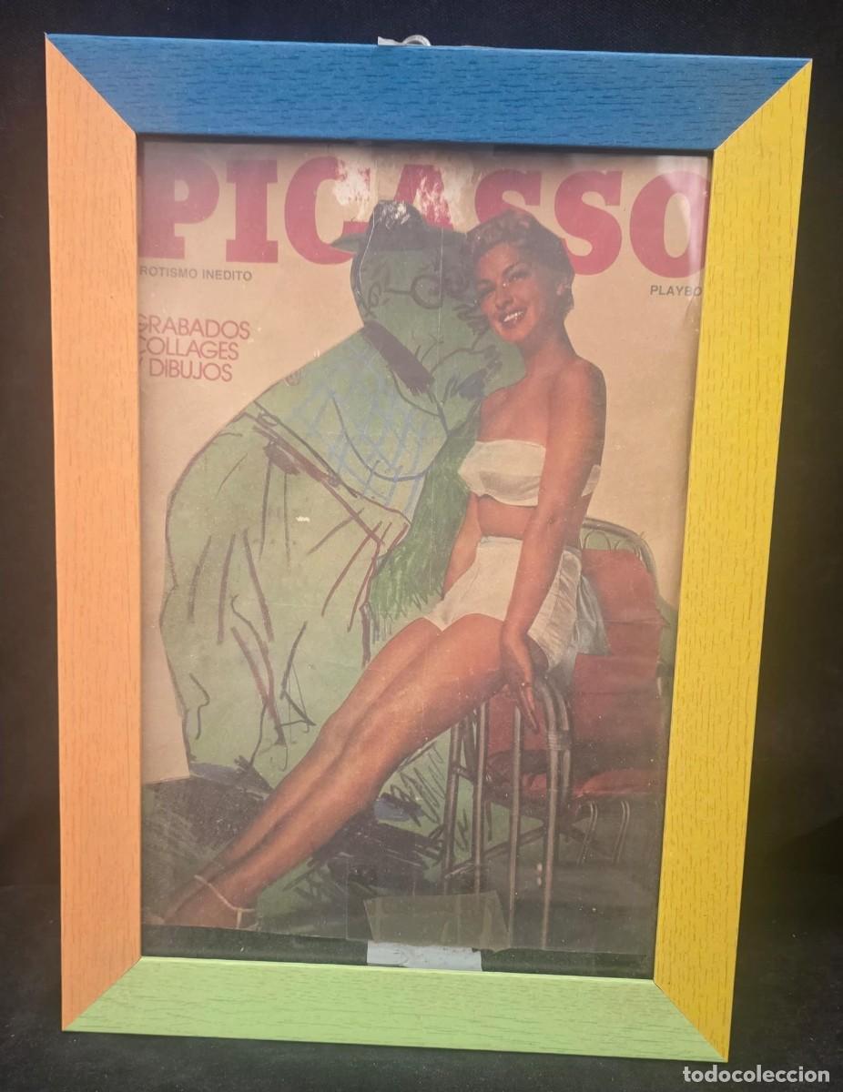 Vintage: Cuadro Pop Art con Portada de Revista Picasso y Dibujo Er&oacute;tico &ndash; Marco de Madera Multicolor