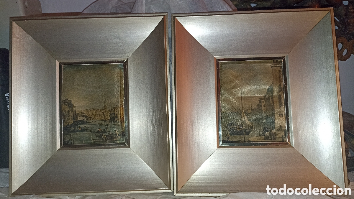 Vintage: Pareja de Cuadros Miniatura Venecia sobre Tela &ndash; Marcos de Metal Dorado / Aluminio 19x17 cm