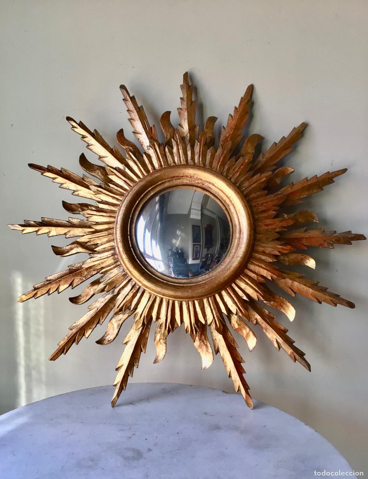 Vintage: ESPEJO SOL DE MADERA DORADA , ORIGINAL A&Ntilde;OS 50 .ESPEJO CONCAVO Y DOBLE MARCO 63 cm diametro