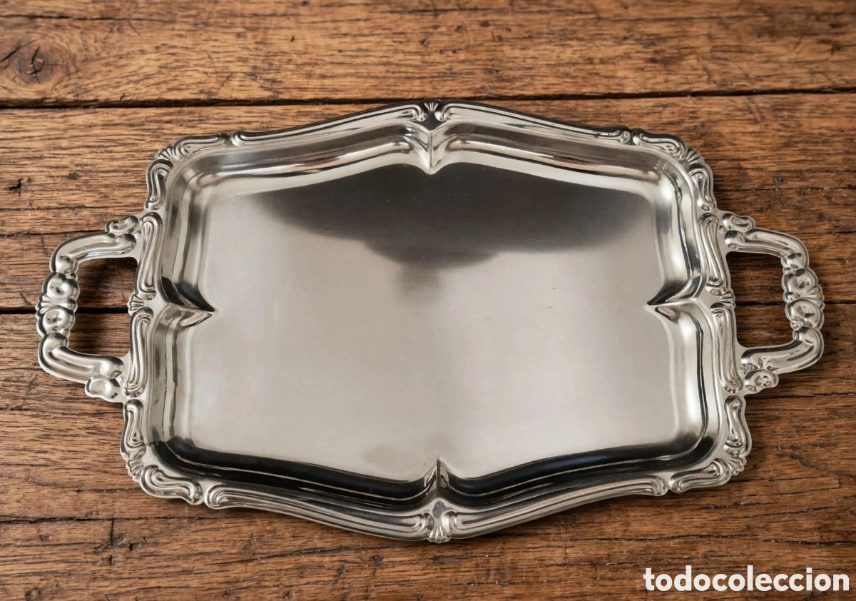 Vintage: Bandeja plateada vintage con asas barrocas 38cm - Estilo Rococ&oacute;