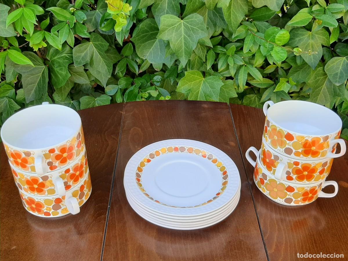 Vintage: Juego vintage Pontesa The Young Range &ndash; 6 tazas de consom&eacute;/gazpacho con 6 platos &ndash; a&ntilde;os 60/70