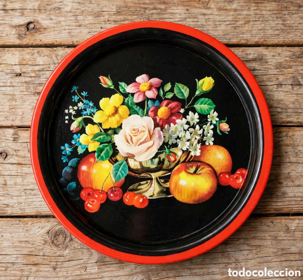 Vintage: Bandeja vintage toleware 70s floral - chapa litografiada flores y frutas - cottage