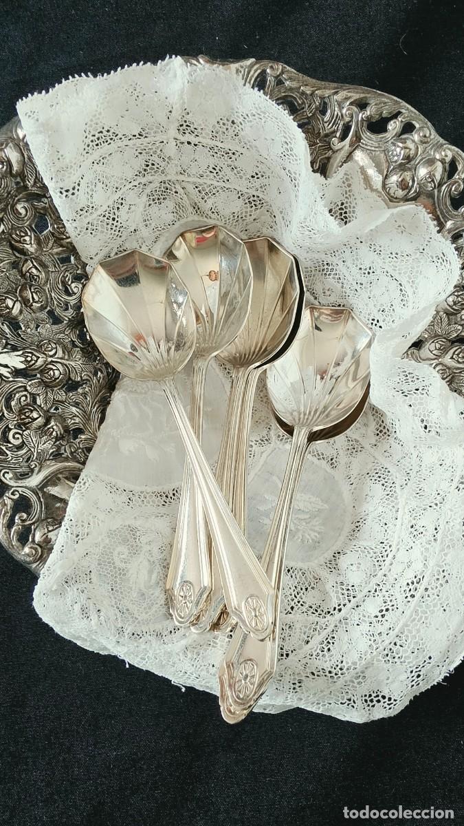 Vintage: Juego de 6 Cucharas para Helado Vintage en Metal Plateado &mdash; Cucharas Postre Concha Art D&eacute;co, Silver