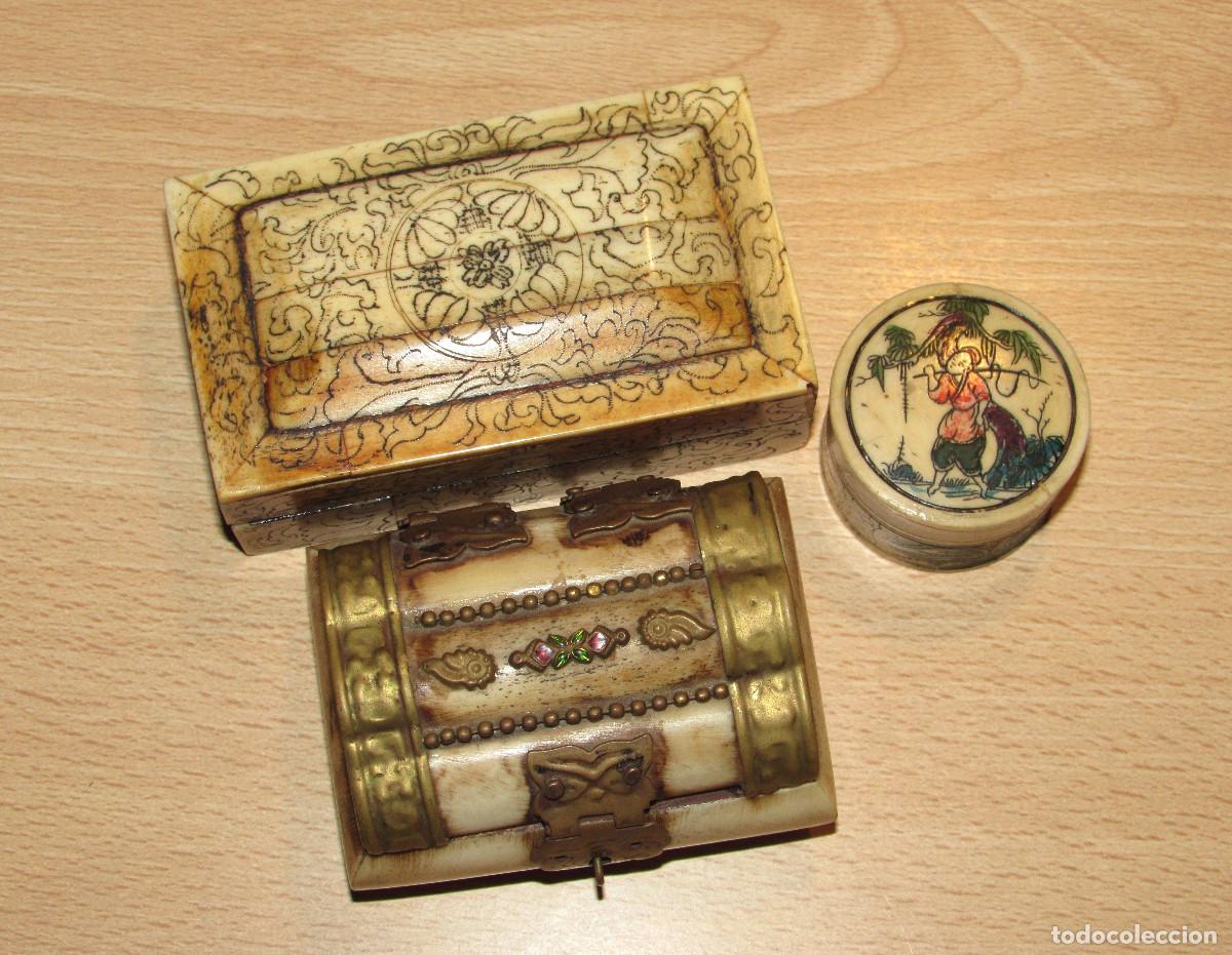 Vintage: Lote colecci&oacute;n 3 cajas peque&ntilde;as hueso antiguas grabadas talladas oriental china