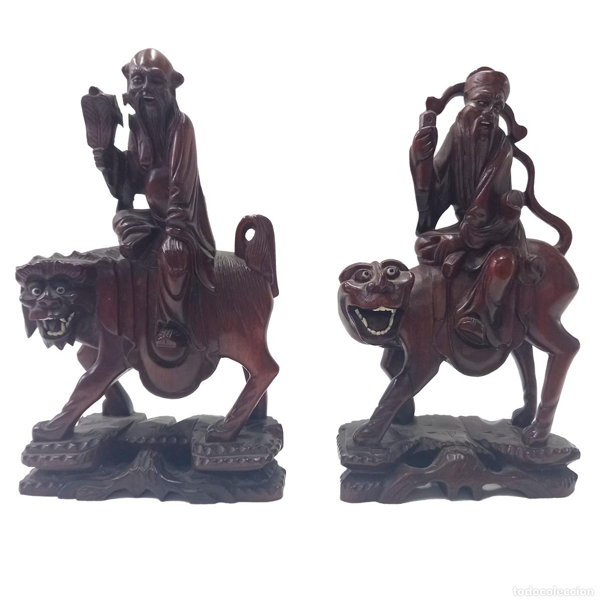 Vintage: Parejas de figuras chinas. En madera tallada