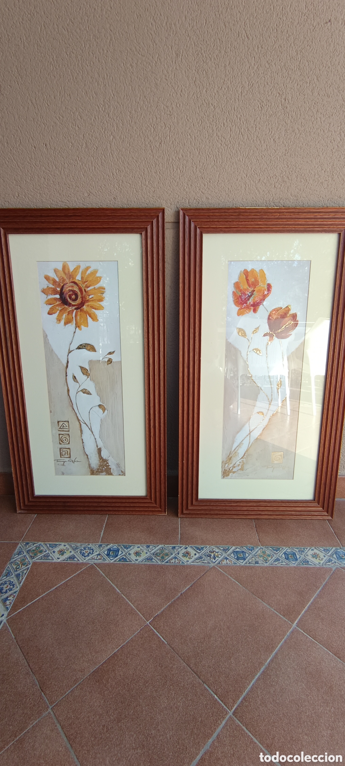 Vintage: PAREJA DE CUADROS FLORALES VINTAGE &ndash; MARCOS DE MADERA &ndash; M&Aacute;LAGA