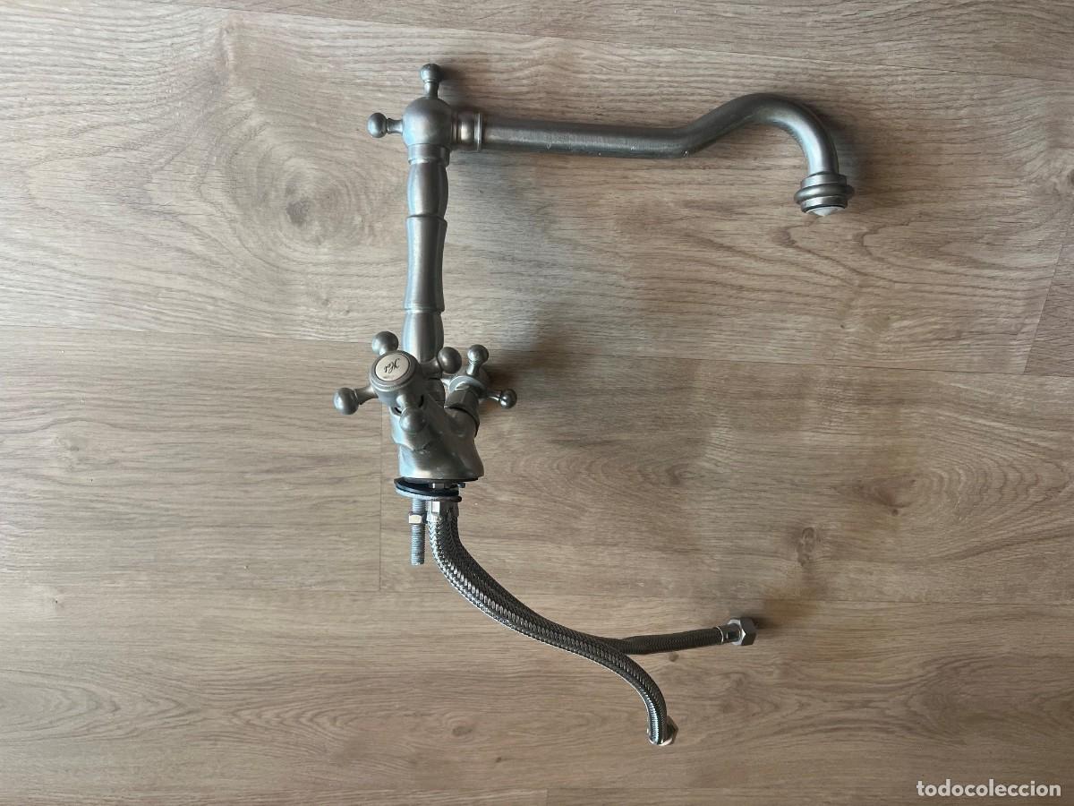 Vintage: Grifo de cocina vintage de lat&oacute;n macizo acabado n&iacute;quel envejecido, estilo r&uacute;stico retro