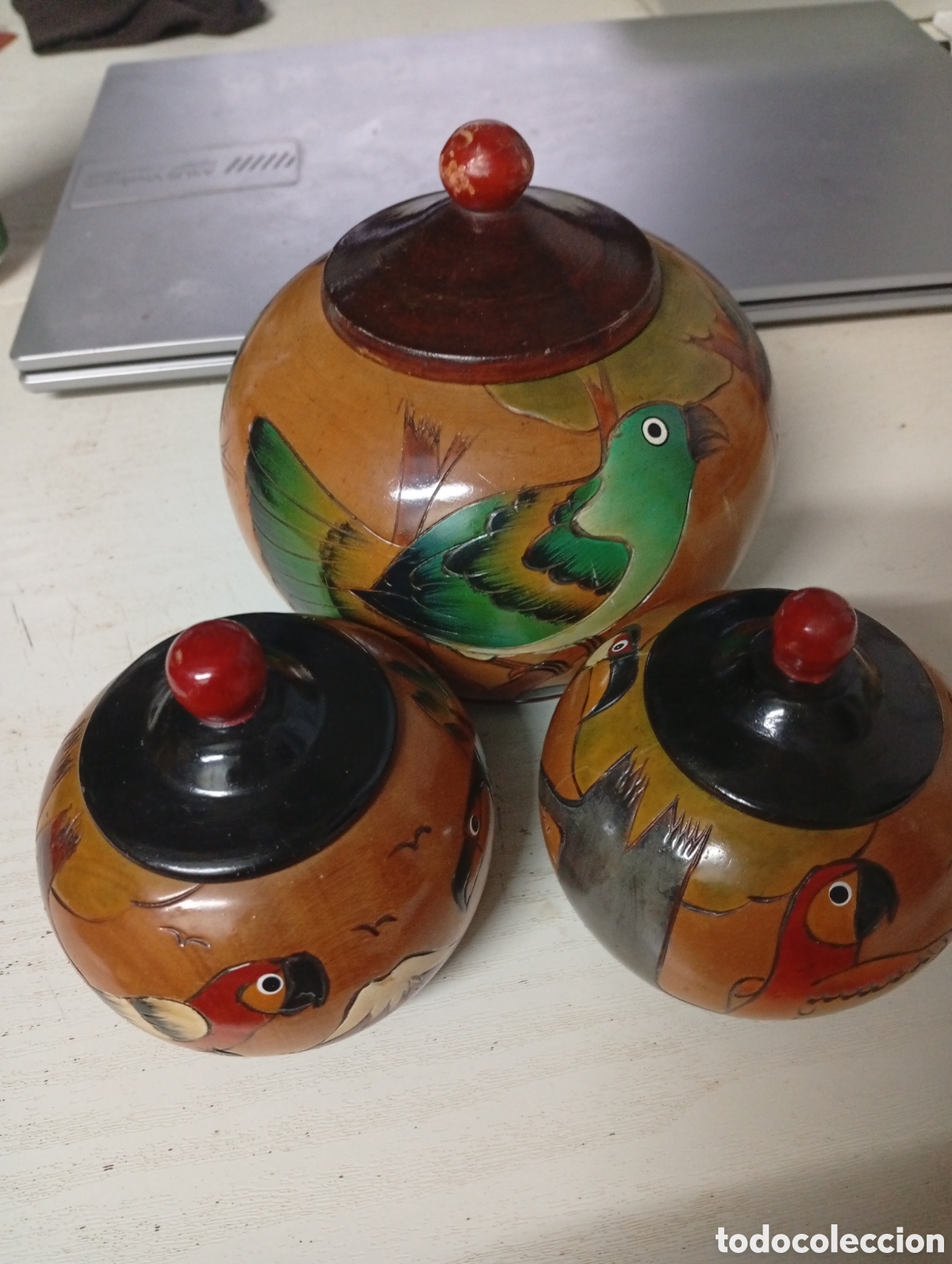 Vintage: Lote de tres botes de madera con pajaros