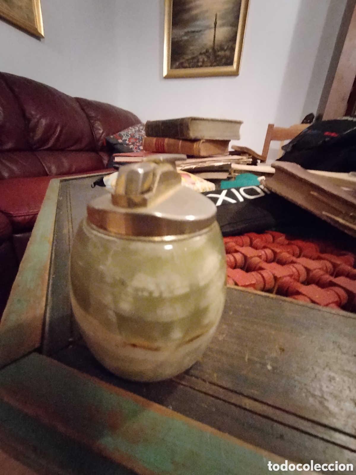 Vintage: Antiguo encendedor / mechero de sobremesa vintage. Piedra de &Oacute;nix Verde. A&ntilde;os 60/70.