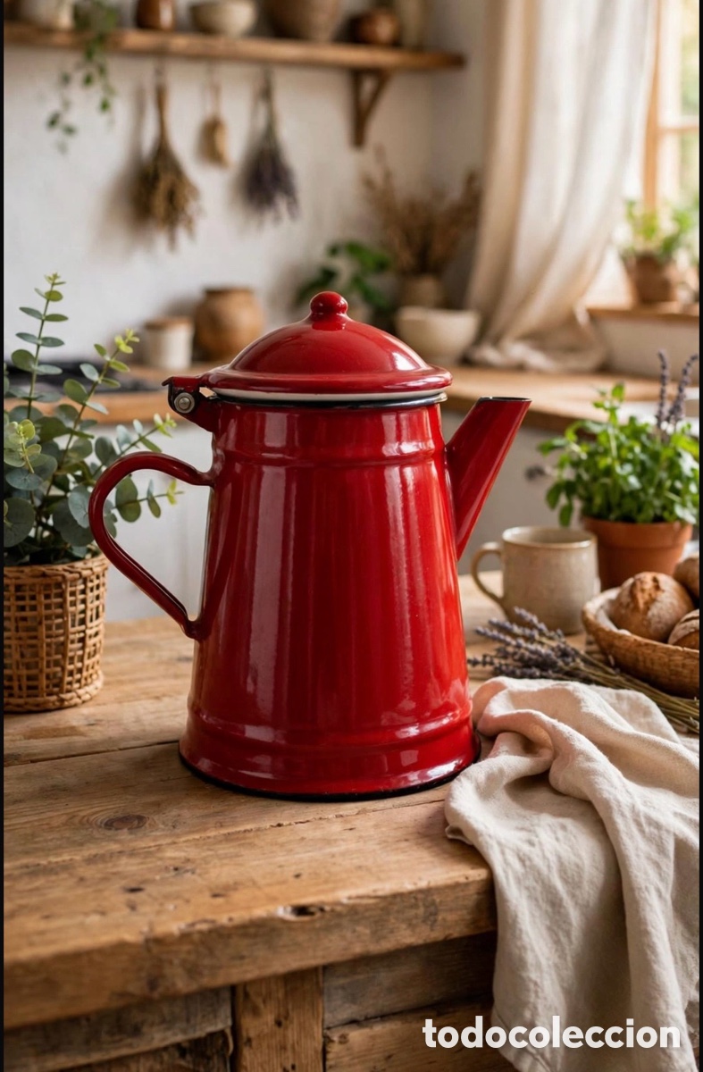 Vintage: Jarra cafetera esmaltada. Vintage original. Metal esmaltado rojo.