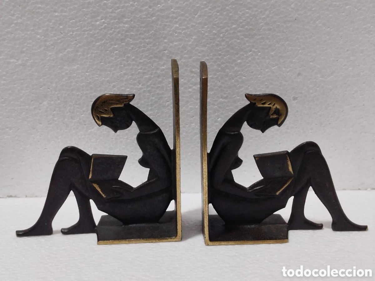 Vintage: Antiguos sujeta libros art Deco de la serie reading girl de 1950/60 metal macizo con patina original