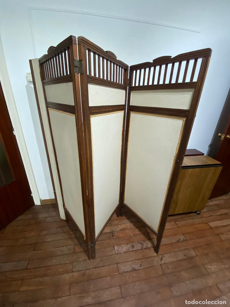 Vintage: Biombo madera y tela. 3 hojas + 2 hojas. Vintage 1950s