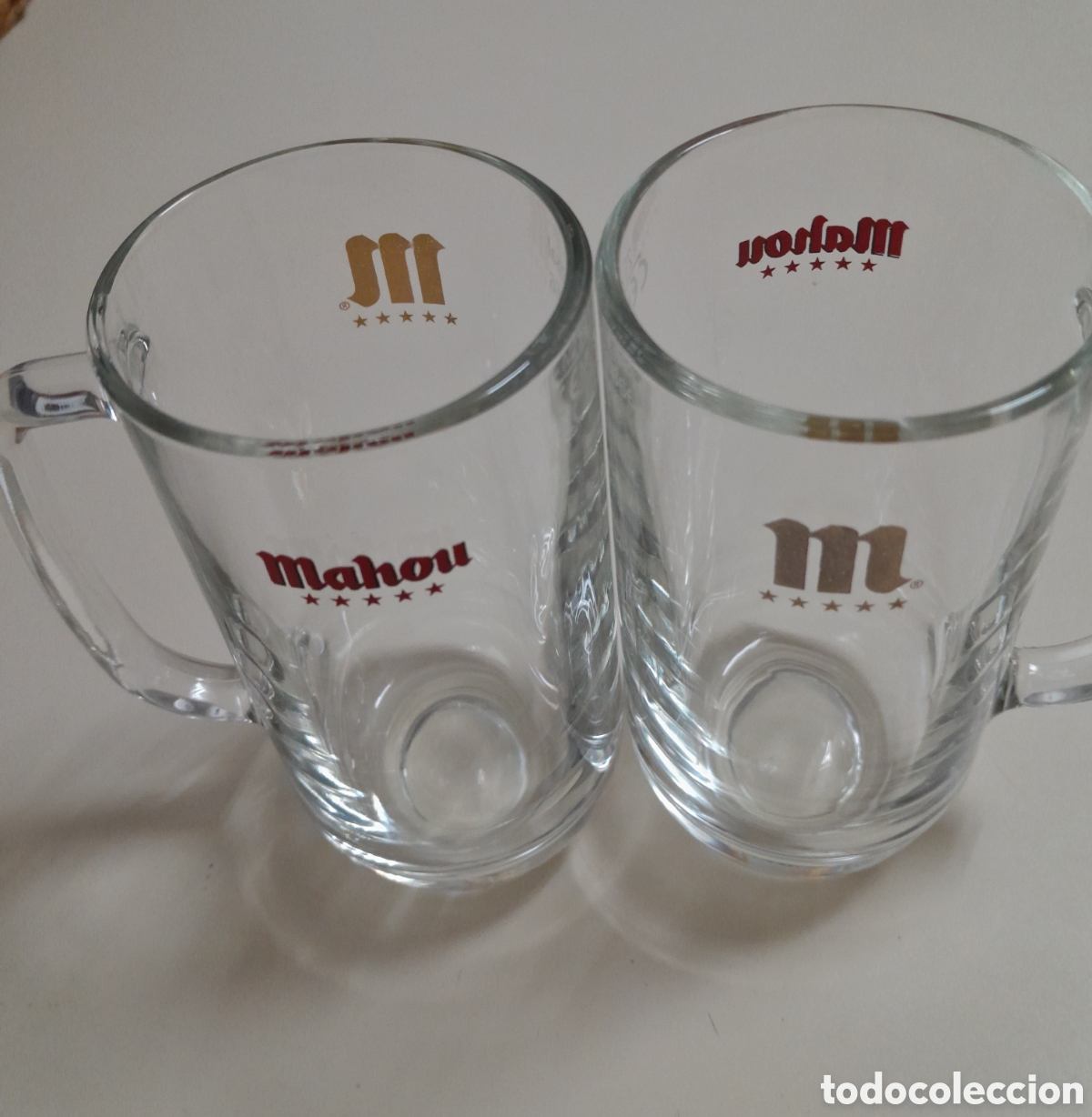 Vintage: Pareja de jarras de cristal publicitarias de Mahou cinco estrellas