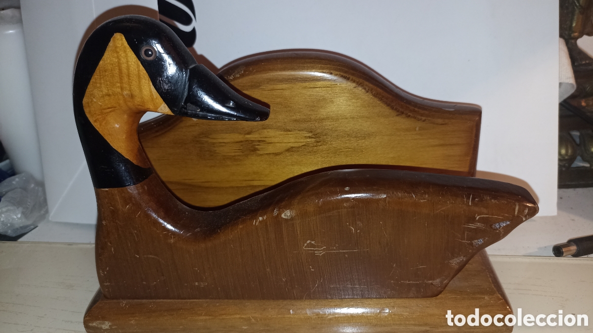 Vintage: Servilletero Vintage Madera Pato / Ganso Tallado a Mano - Woodshapes 1984 Decorative Wooden Duck