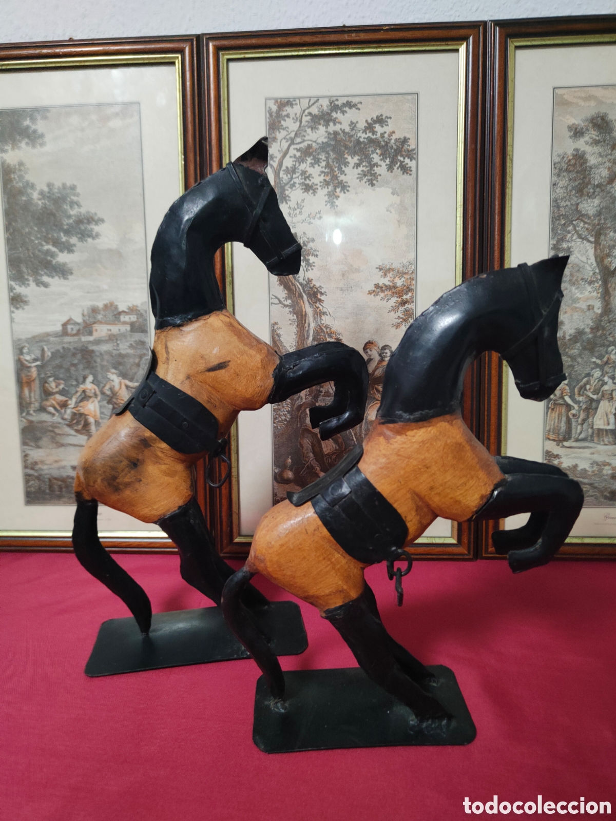 Vintage: Pareja Caballos Vintage &bull; Madera y Metal 39 y 29cm