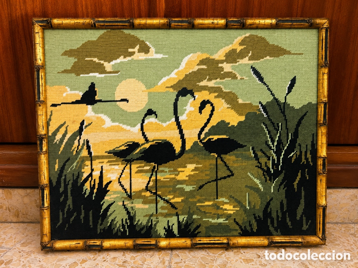 Vintage: Antiguo cuadro de punto de cruz con flamencos &ndash; Marco dorado imitaci&oacute;n bamb&uacute; &ndash; Vintage