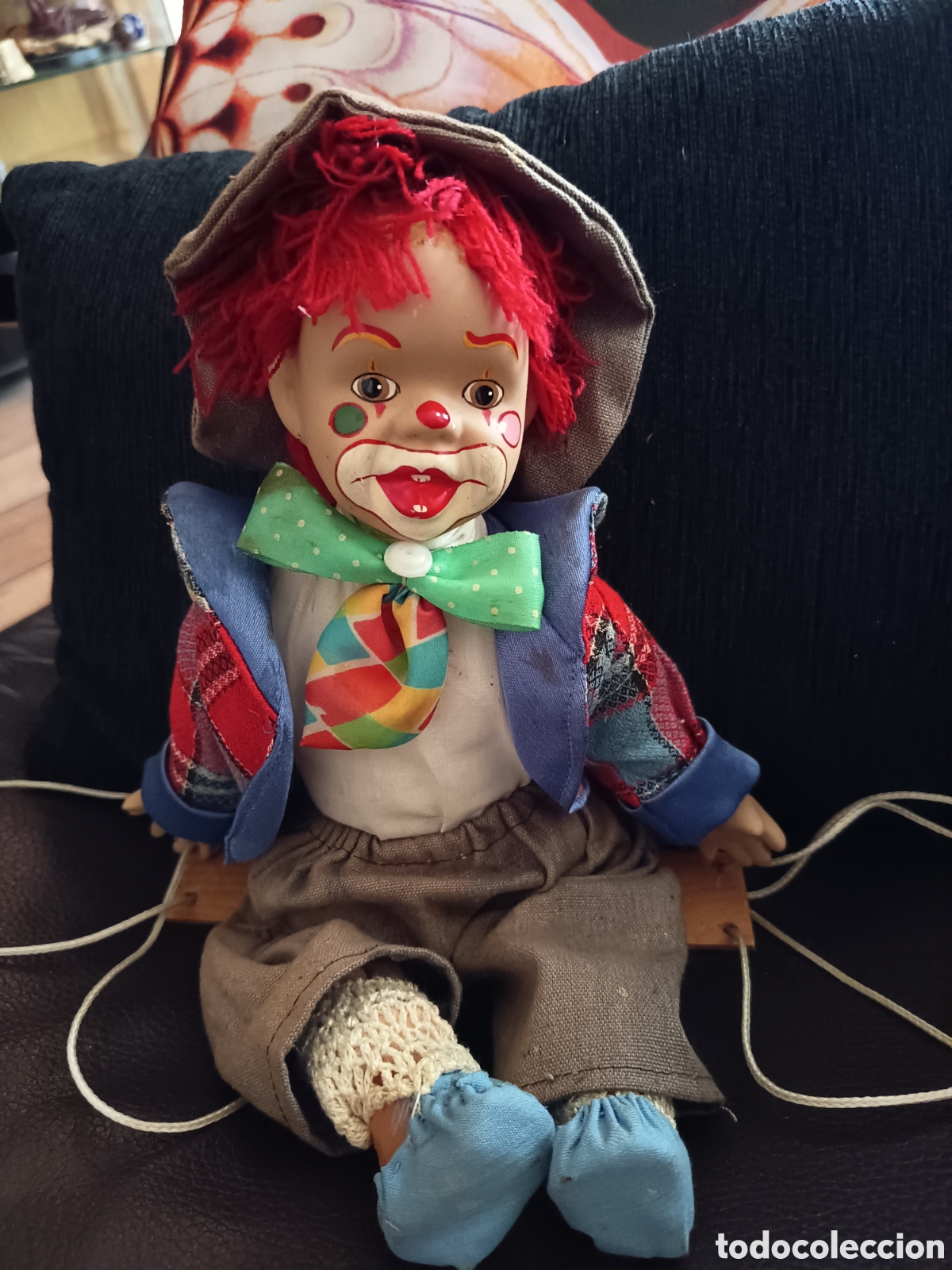 Vintage: Mu&ntilde;eco payaso marioneta, de porcelana y tela