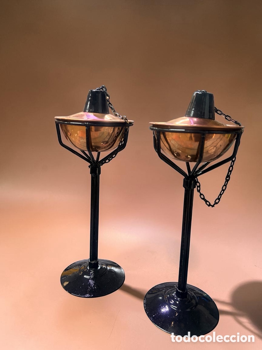 Vintage: Pareja de antorchas de mesa de acero y cobre