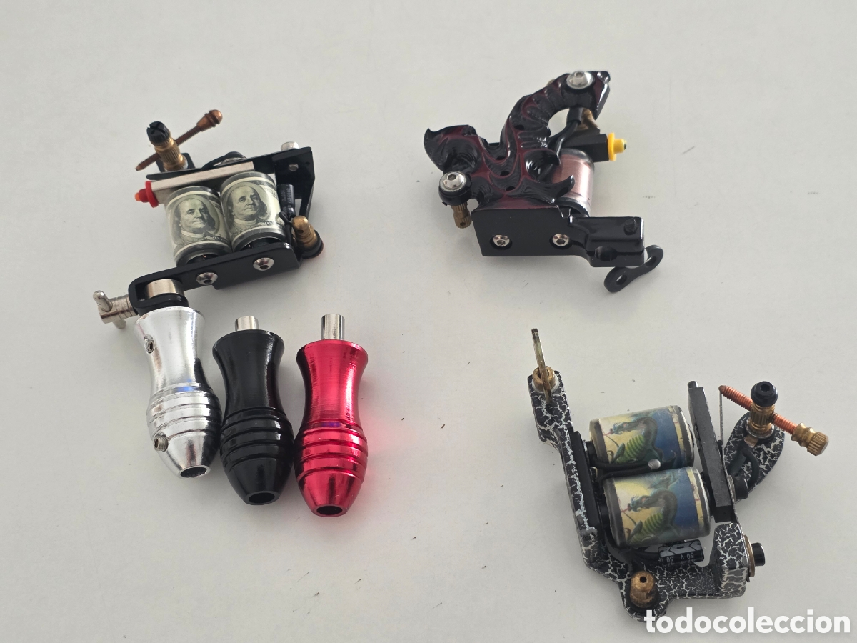 Vintage: Lote 3 m&aacute;quinas de tatuaje de bobinas + 3 grips Tattoo Coil
