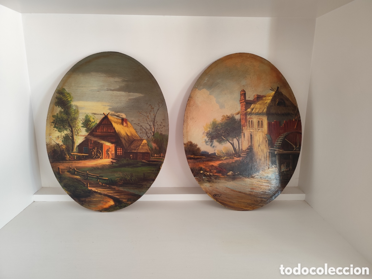 Vintage: Pareja &oacute;leos sobre madera ovalado