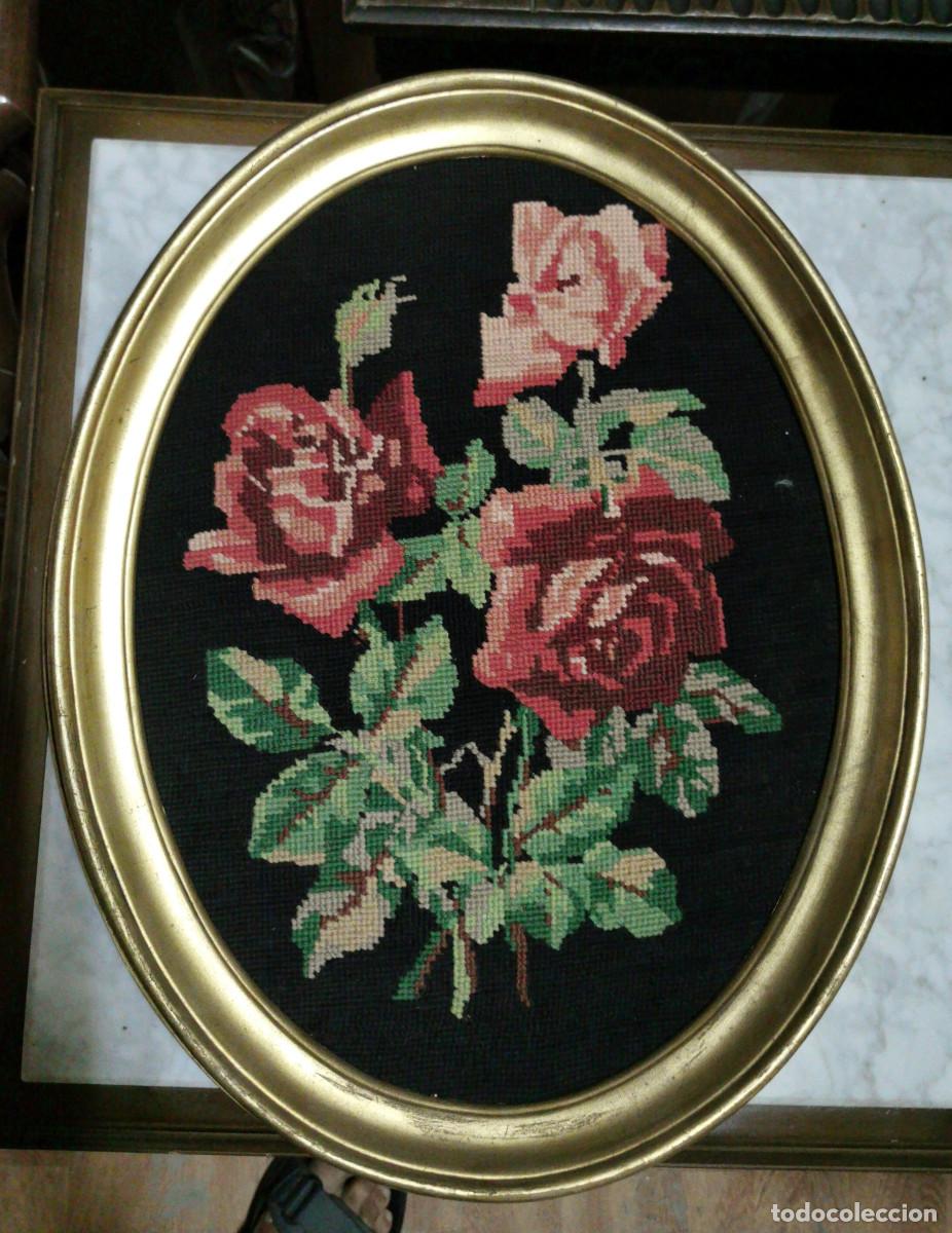 Vintage: Cuadro vintage ramo de rosas bordado de punto de cruz