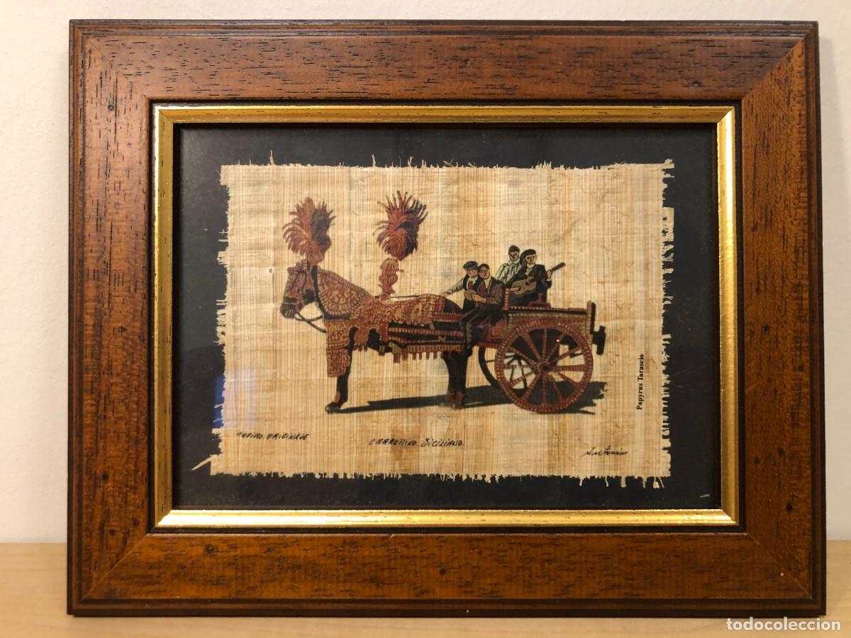 Vintage: Cuadro Papiro Original Carrettino Siciliano Papyrus Tarascio Siracusa Enmarcado Vintage Tradicional
