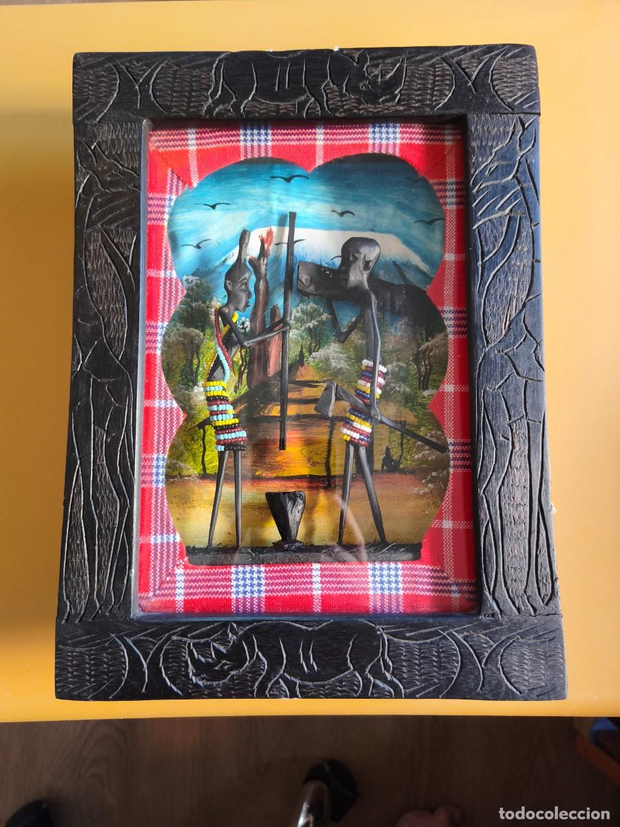 Vintage: cuadro diorama africano artesanal, caja de sombras. 3D