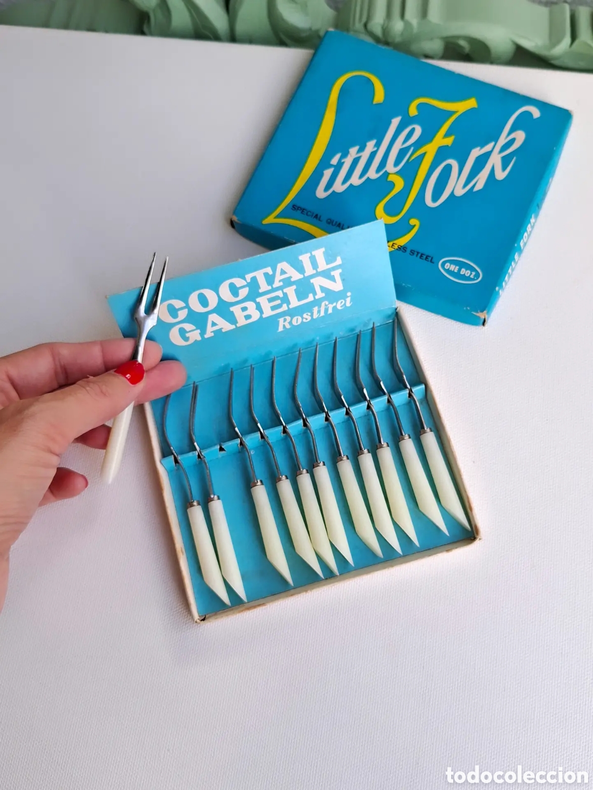 Vintage: Juego Vintage 12 Tenedores C&oacute;ctel &rdquo;Little Fork&rdquo; &ndash; A&ntilde;os 50/60 (Inox y Marfil)