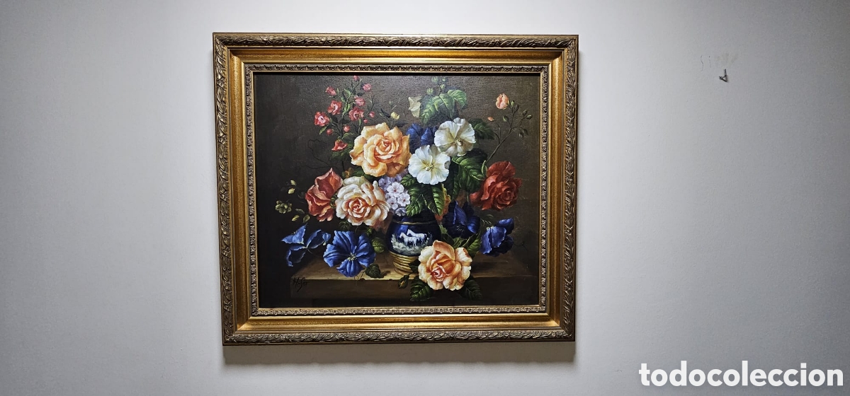 Vintage: &Oacute;leo sobre lienzo- &rdquo;Flores en el jarr&oacute;n &rdquo;.