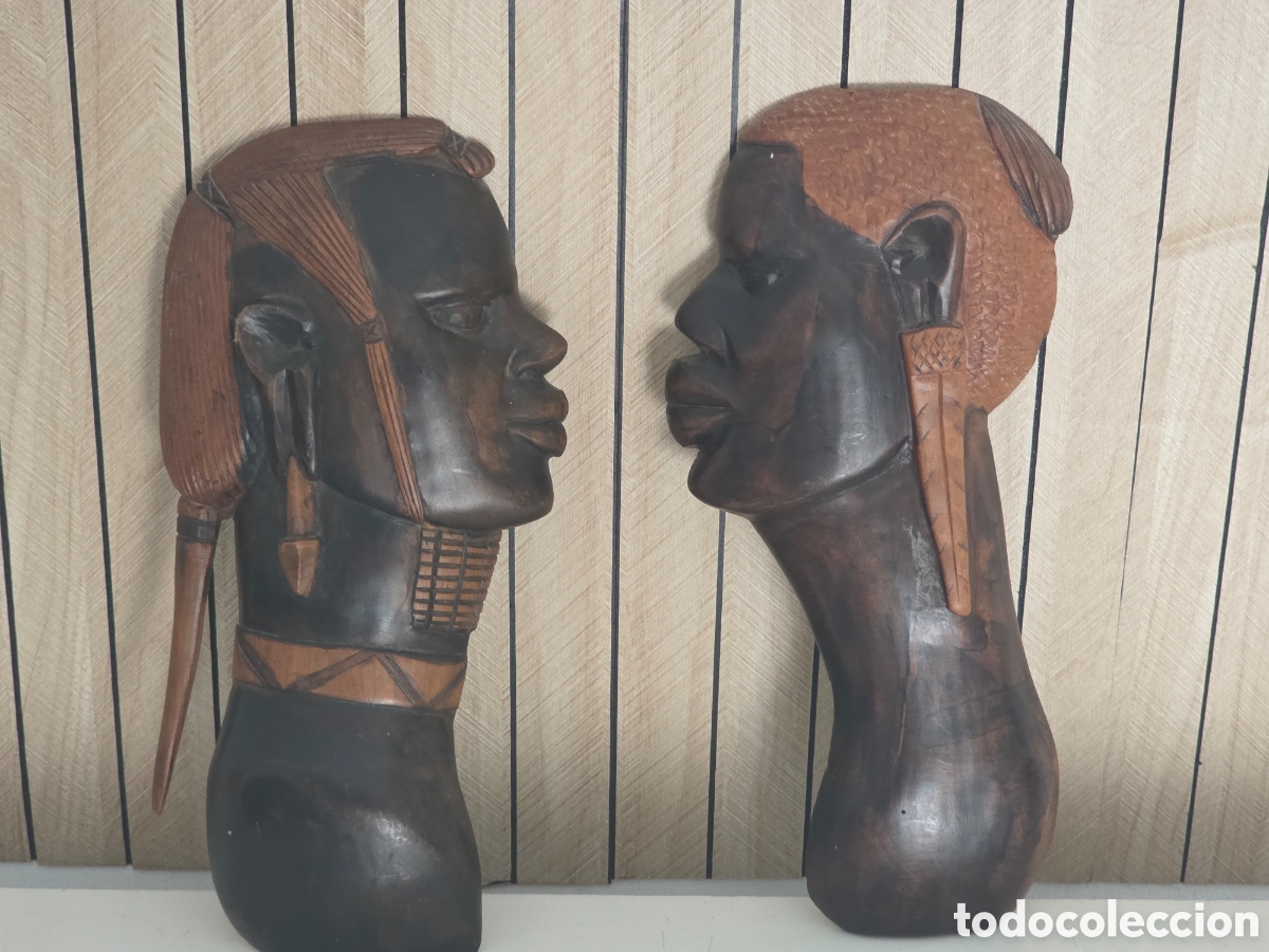 Vintage: pareja de figuras africanas de madera tallada 32 cm