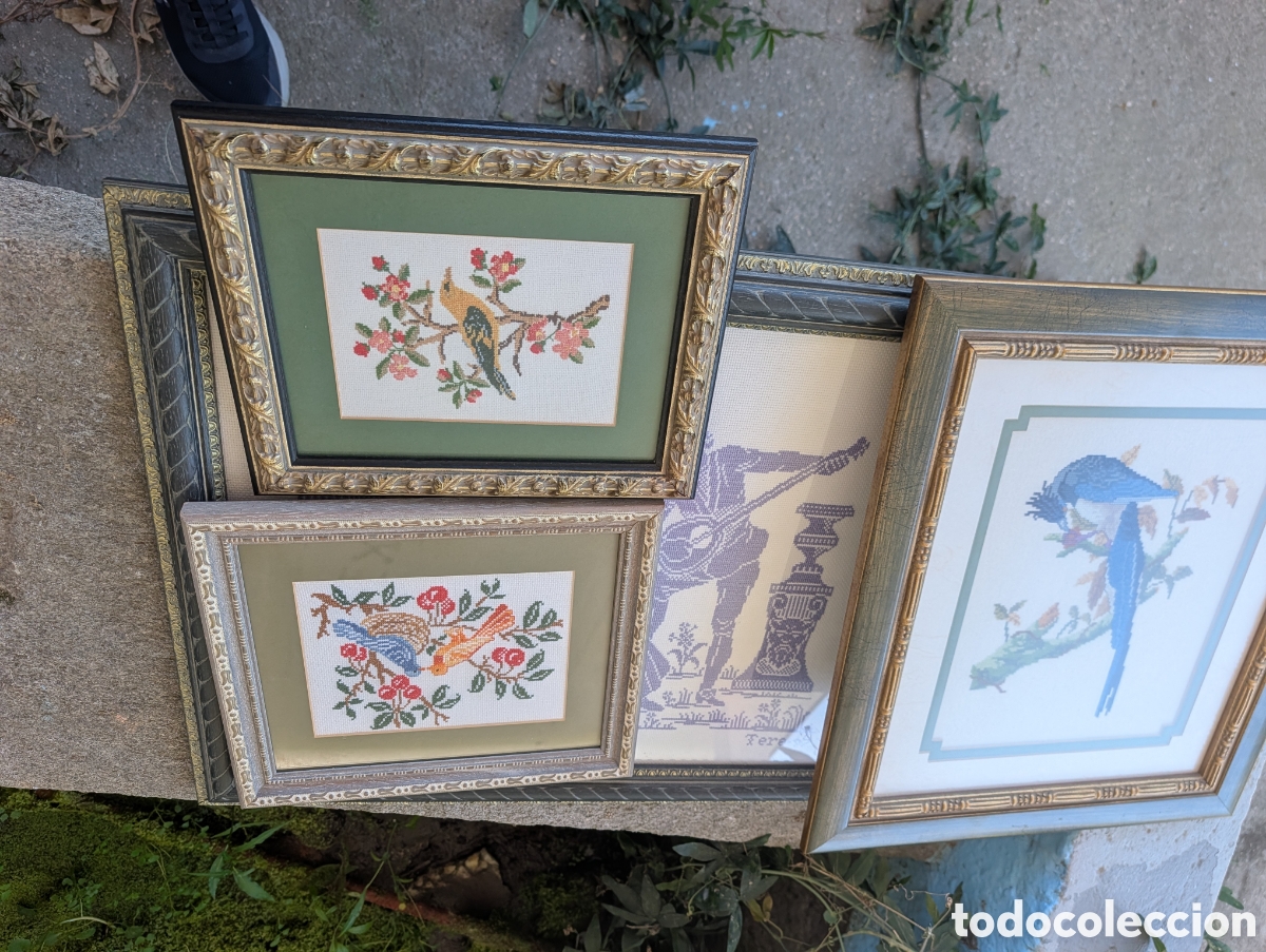 Vintage: Lote de 4 Cuadros de Punto de Cruz Vintage - Escena Cl&aacute;sica Firmada y P&aacute;jaros - Enmarcados