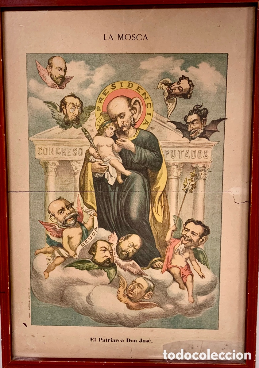 Vintage: La Mosca portada de revista sat&iacute;rica 1882 enmarcada con doble cristal medidas 60x41cm