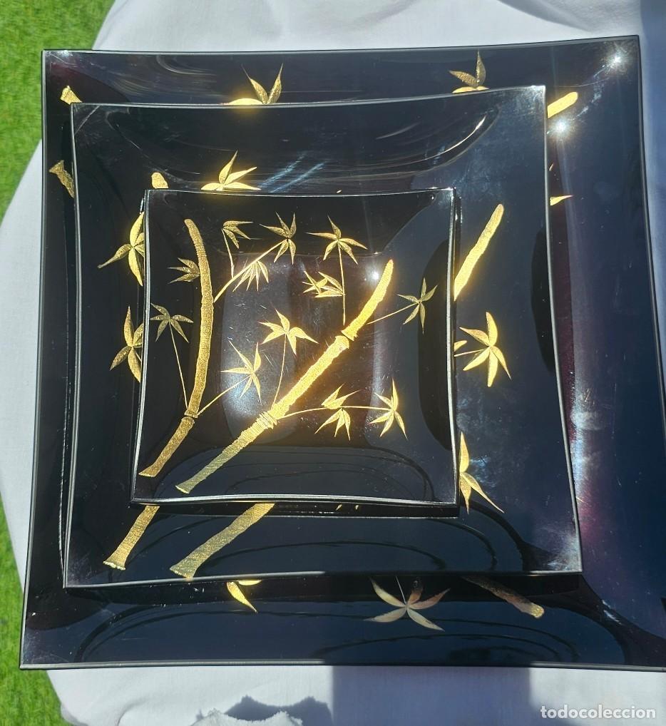 Vintage: Lote 3 Platos Decorativos Bamb&uacute; Negro/Dorado Nuevo &middot; Negro y Dorado &middot; Vidrio
