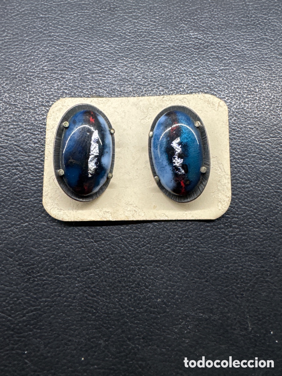 Vintage: GEMELOS vintage esmalte al fuego azul - Plata / Mid-Century Scandinavian. &Uacute;NICOS. ARTESANOS
