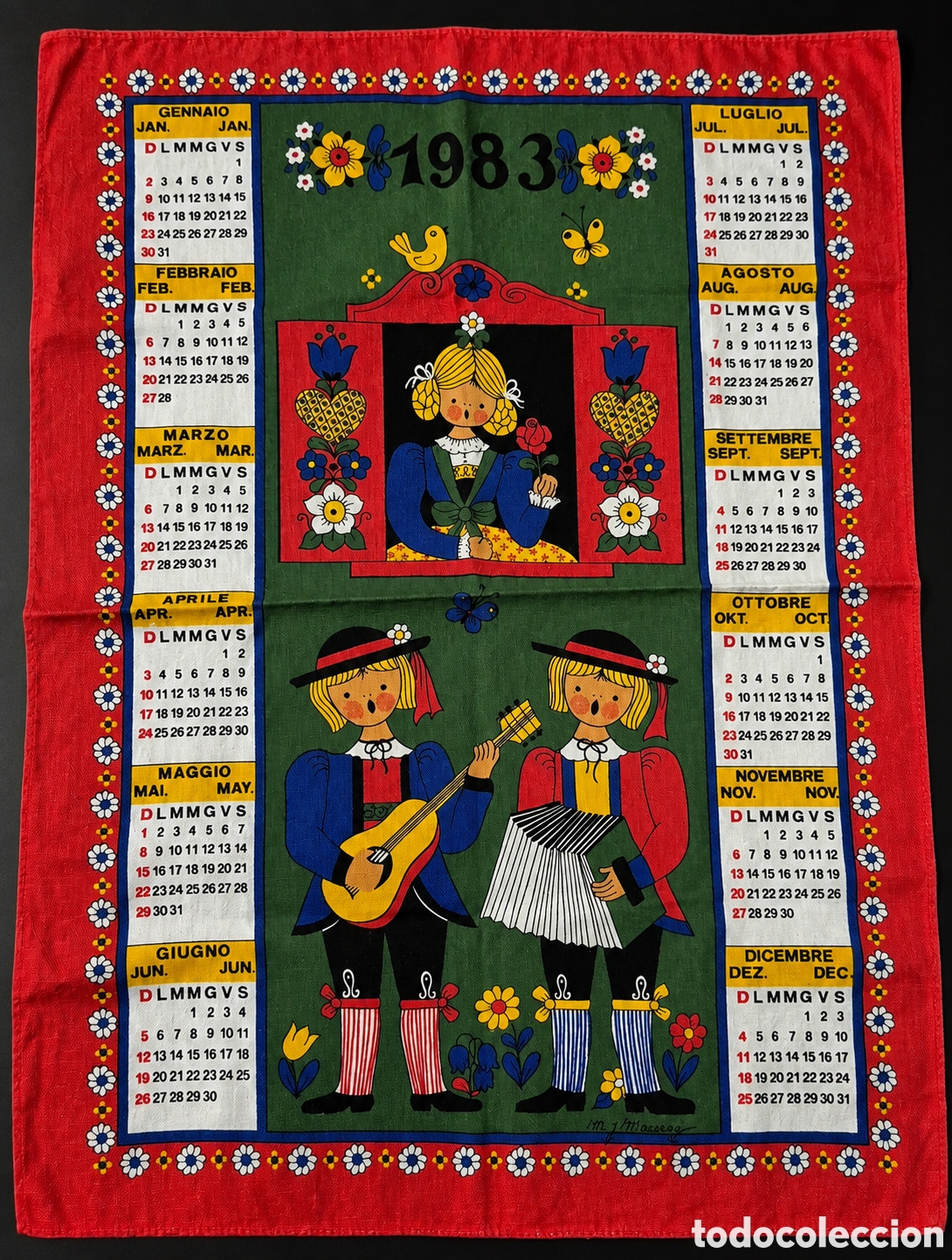 Vintage: Calendario vintage tela 1983 algod&oacute;n 100%
