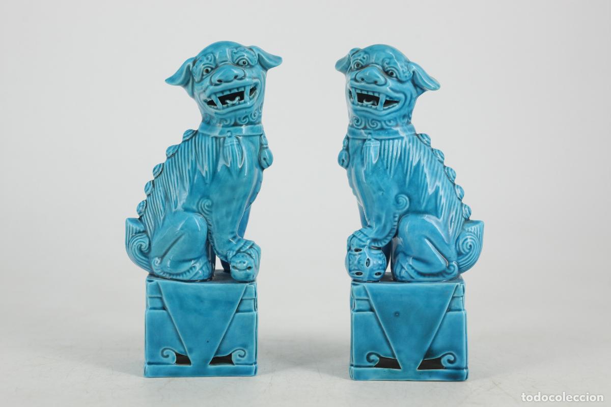 Vintage: pareja perros dragon Foo ceramica porcelana azul a&ntilde;os 60 vintage retro